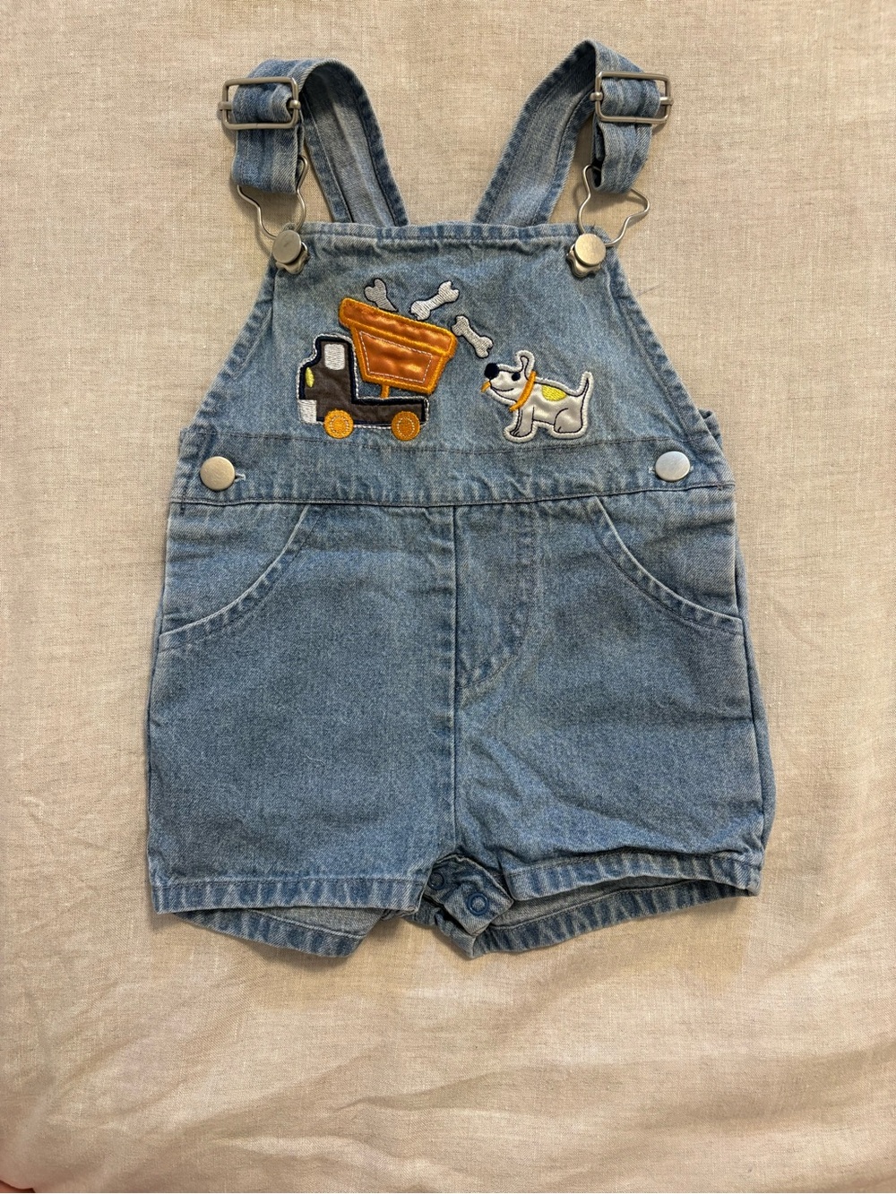 Vintage Fisher-Price Denim Shortalls 6-9M Embroidered Dump Truck Dog Bones